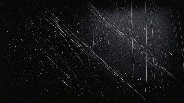 Dark grunge texture background with heavy white scratches and dust particles. Ideal for film overlays, vintage photography effects, retro designs, and creative digital projects.