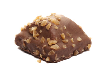 Caramel wafer, covered milk chocolate with caramel flakes isolated on white background