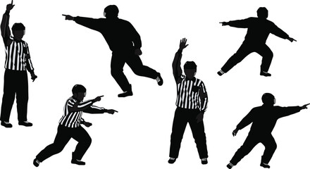 Silhouette vector illustration of referees in striped uniform making sports hand signals, whistle gestures, umpire communication poses, isolated white background
