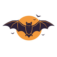 Scary flying bat silhouette with open wings in front of a large orange moon, a classic symbol of Halloween horror and the night