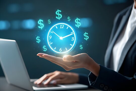 Businesswoman holding glowing clock and dollar signs symbolizing time is money concept