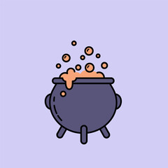 A cartoon illustration of a bubbling cauldron with orange potion and floating bubbles, set against a light purple background.