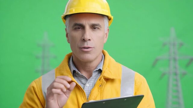 Engineering Insight: A focused engineer, adorned in a hardhat and work attire, conveys expertise, holding a clipboard against a backdrop of towering power lines, symbolizing infrastructural diligence.