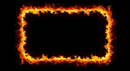 Fiery rectangle frame isolated on black background for design or display