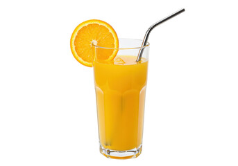 Isolated orange juice in glass with slice and metal straw, healthy fruit drink concept