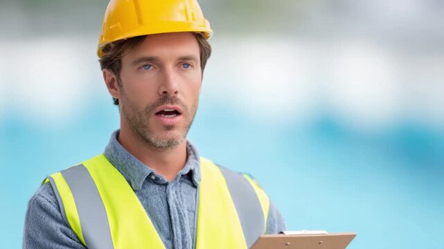 Focused construction worker with yellow safety helmet: This image features a construction worker with his yellow safety helmet and yellow safety jacket.