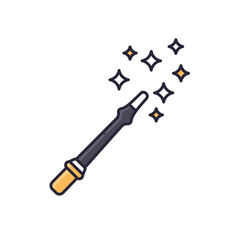 A simple cartoon illustration of a black magic wand with sparkles coming from its tip.