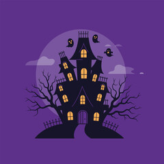 Spooky haunted house illustration with glowing windows, bare trees, and flying ghosts against a full moon on a purple background, perfect for Halloween.