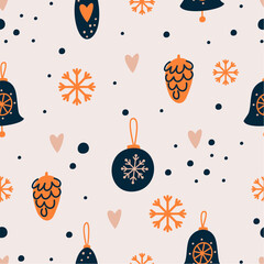 Seamless pattern with Christmas tree decorations, snowmen, and pine cones. Printable on fabric and wrapping paper.