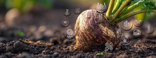 A small, brown, round vegetable celery with a stem and leaves