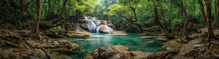 Naklejka premium Panoramic View Of A Serene Natural Lagoon With Waterfall And Surrounding Lush Green Forest During Daytime