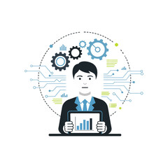 Businessman holding tablet with financial graph in modern office showcasing technological advancement and data analysis for business growth.