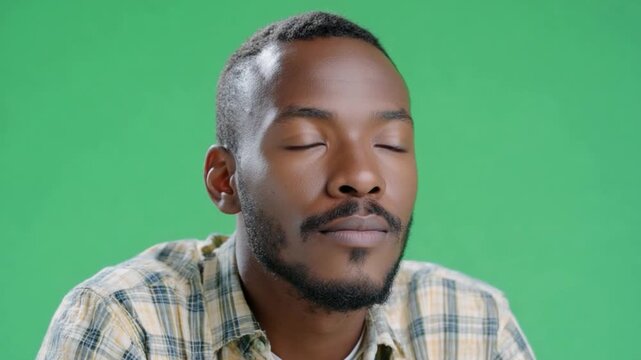 Inner Peace: A serene portrait of a man with closed eyes on a vibrant green backdrop, exuding calmness and contemplation. 