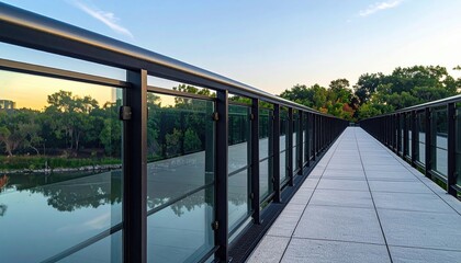 Modern pedestrian bridge with glass railings in a park.
