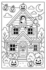 Fototapeta premium Cozy Halloween house to color with pumpkins and ghost decorations 