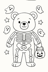 Obraz premium Cute bear cub in skeleton costume with Halloween ghosts and stars 