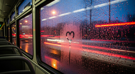 Rainy bus window with a heart a romantic view of city lights through a rainstreaked window, with a heart drawn on the glass, capturing love and urban life
