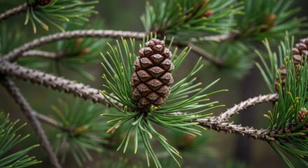 Fototapeta premium Pinecone on branch with green needles. Crisp and detailed