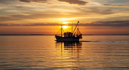 Fishing boat sails across calm water during golden sunset