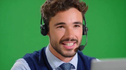 Smiling Call Center: A friendly customer service representative, wearing a headset, exudes confidence as he engages with a client, ready to provide excellent support.