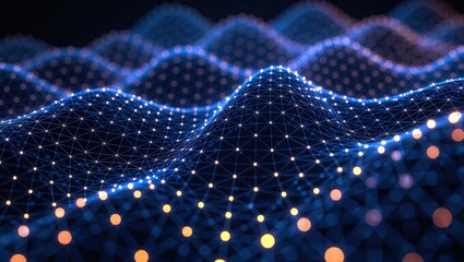 Abstract Blue Digital Network Grid With Glowing Orbs.