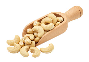 Isolated scoop of cashews, an edible kidney-shaped nut or seed, healthy snack or baking ingredient