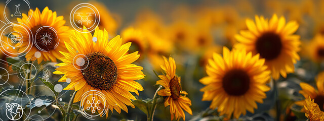 Fototapeta premium A yellow sunflower with agriculture icons around it.