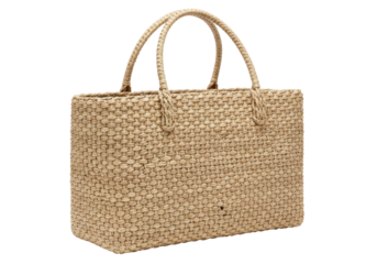 Isolated woven beige tote bag with rounded handles for shopping or the beach, on display