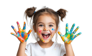 Joyful child with colorful painted hands v