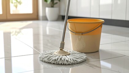 Mop and bucket on a shiny tiled floor.