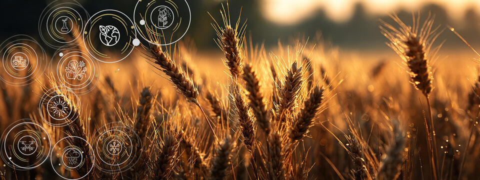A field of wheat with a graphic overlay of various symbols and icons