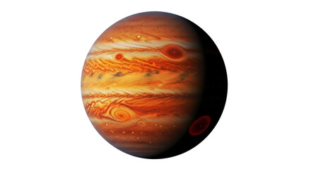 Isolated gas giant planet Jupiter with red spots, banded atmosphere, & complex cloud patterns