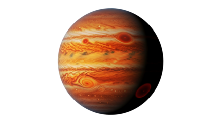 Isolated gas giant planet Jupiter with red spots, banded atmosphere, & complex cloud patterns