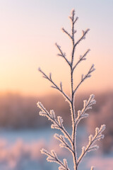 Obraz premium Frost covered plant branch in soft golden morning light