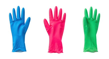 Isolated colored rubber gloves for cleaning services, hygiene safety and household use items