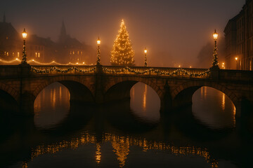 Bridge with christmas tree and reflection in foggy night