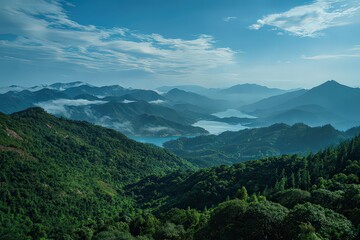 Fototapeta premium Panoramic View of Lush Green Mountains and Valleys with Mist and Rivers under Cloudy Blue Sky