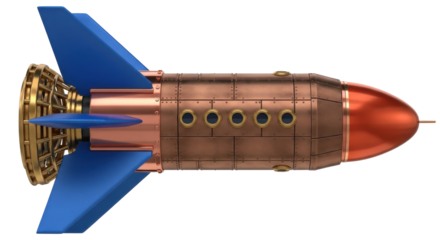 Isolated fanciful retro rocket on light neutral background imaginative flight vehicle