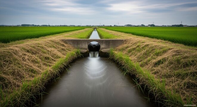 Rural canal flowing between green rice fields under cloudy sky