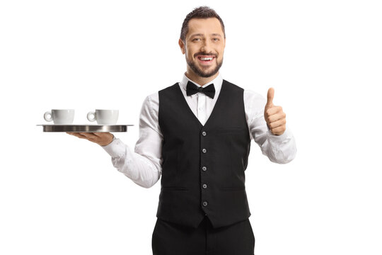 Server holding a tray with coffee cups and showing thumbs up
