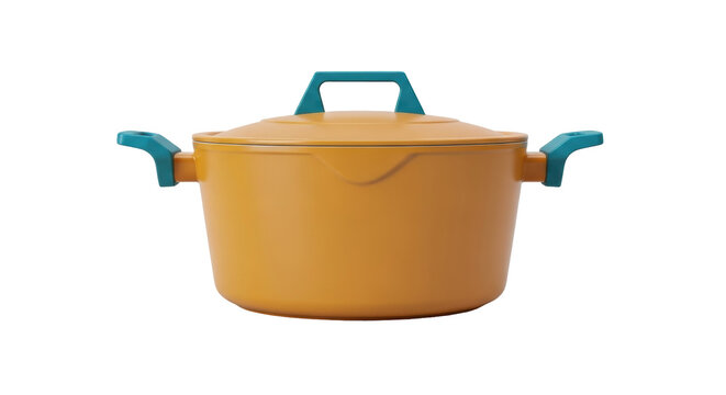 Isolated yellow covered cast iron pot with teal handles cooking utensil kitchenware