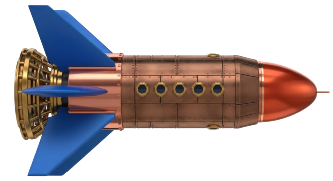 Isolated fanciful retro rocket on light neutral background imaginative flight vehicle