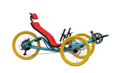 Isolated Recumbent Tricycle with Three Wheels, Red Seat and Teal Blue Frame ~85 chars