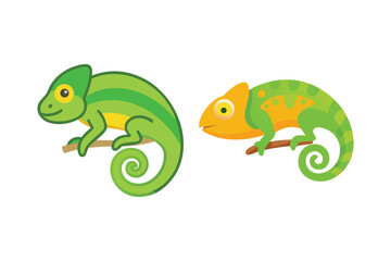 Fototapeta premium Two colorful chameleons perched on branches displaying vibrant green and yellow hues