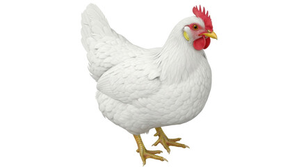 Isolated white chicken hen fowl with red comb standing calm posing for photograph farm animal