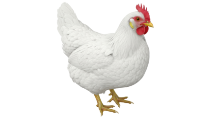 Isolated white chicken hen fowl with red comb standing calm posing for photograph farm animal