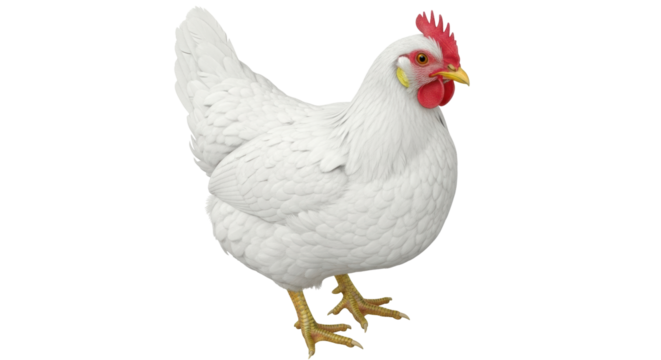 Isolated white chicken hen fowl with red comb standing calm posing for photograph farm animal