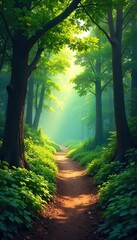 Fototapeta premium Winding Path Through Lush Forest A Sun-Dappled Adventure into the Unknown