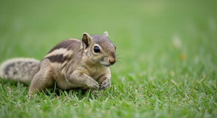 Obraz premium Squirrel on grass, small paws, striped back