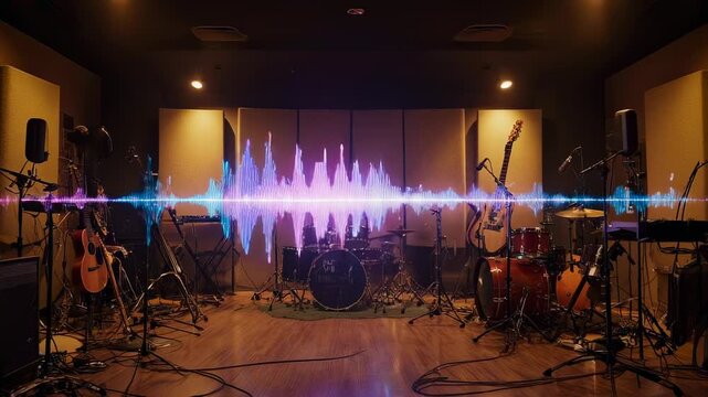 A Dynamic Sound Wave Visualization Captured in a Professional Music Studio Setting, Showcasing the Harmony and Energy of Musical Instruments Surrounding the Recording Space